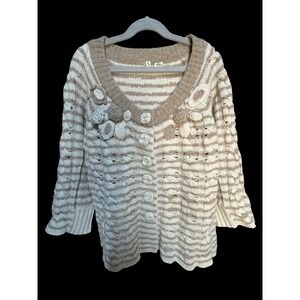 Anthropologie Moth Cardigan Floral Knit Wool Blend Tan Ivory Large Soft Cozy